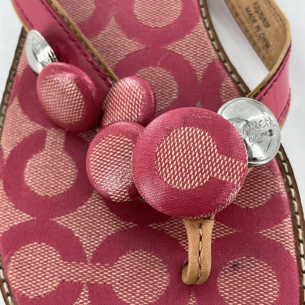 Coach Womens Signature Coated Canvas‎ Flip Flop Thong Patent Button Melon 8.5